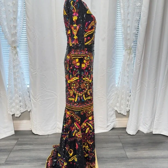 Alice and Olivia Beaded Sequin Embroidered Gown Dress Black Multicolor Size 8